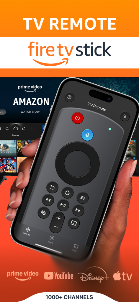 Firestick・Remote Fire TV Stick - Amazon Fire TV Stickのデジタルリモコンインターフェースとナビゲーションおよび再生ボタンを表示したiPhone画面を持つ手。