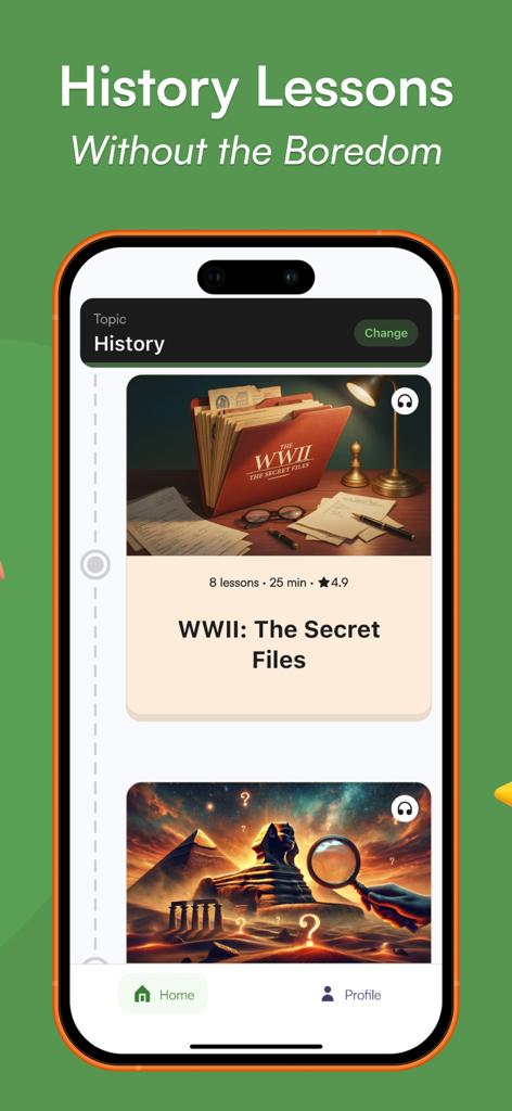 SmartyMeアプリの画面。緑色の背景に、「第二次世界大戦 秘密ファイル」のような魅力的な歴史レッスンが表示されています。