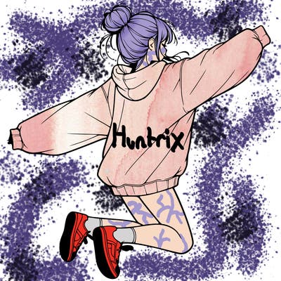 realistic girl jumping with a bun and oversized sweatshirt