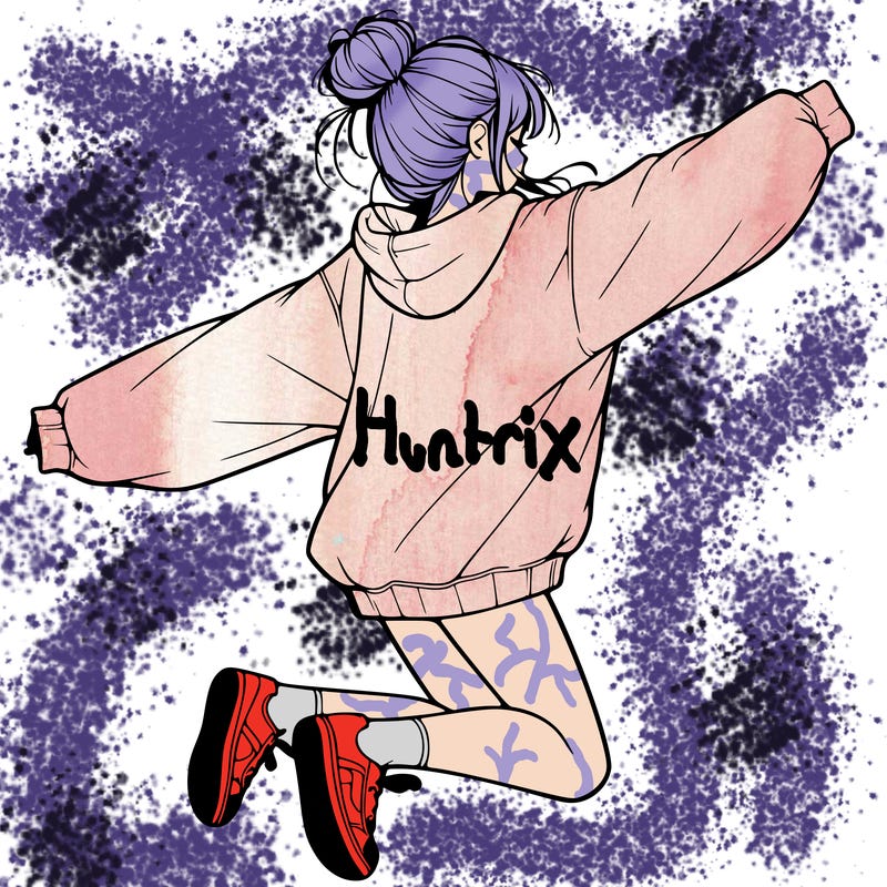 realistic girl jumping with a bun and oversized sweatshirt