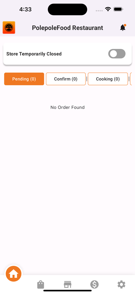 PolePoleFood Store - PolepoleFood Restaurant app dashboard showing order management tabs and store closure toggle