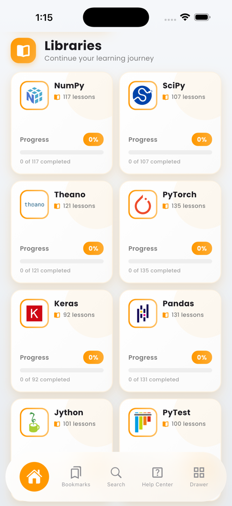 Interface of the Learn Python Programming app showing a list of library modules like NumPy and PyTorch with progress trackers.