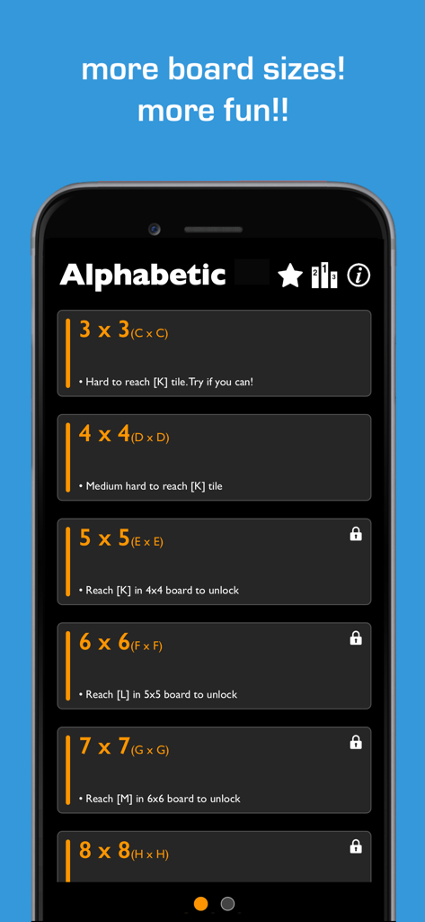 Alpha Blocks Unlimited game menu showing various board sizes from 3x3 to 8x8