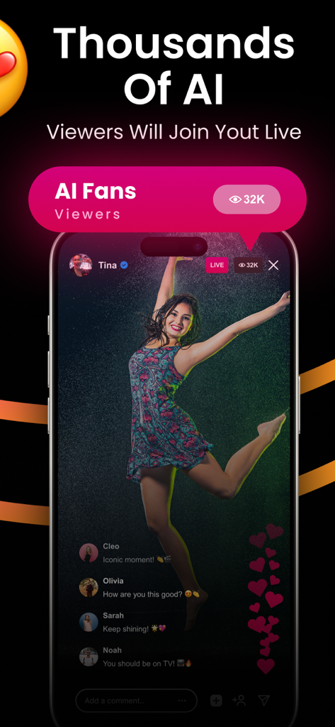 Famely - AI Fake Stream Prank - Screenshot of a simulated live stream on the Famely app showing a girl dancing with thousands of AI viewers and comments.