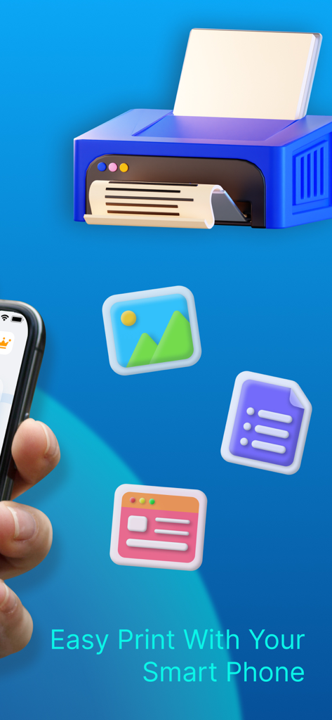 Smart Air Printer App - Scan - Ilustración 3D de un teléfono inteligente imprimiendo de forma inalámbrica documentos y fotos a una impresora inteligente
