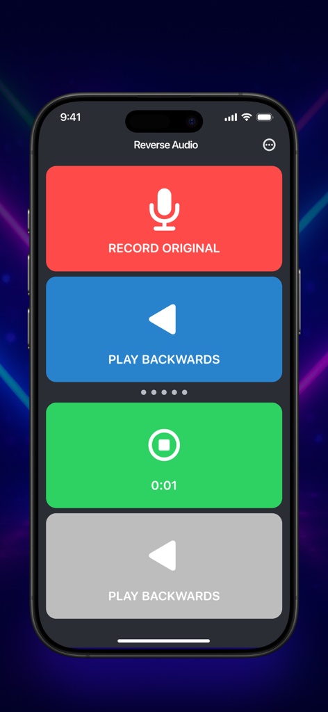 Reverse Audio ™ - Mobile Benutzeroberfläche der Reverse Audio App mit Tasten zum Aufnehmen der Originalstimme und zum Abspielen des Audios in umgekehrter Reihenfolge.