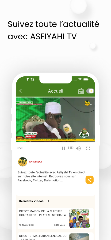 Asfiyahi TV | FM | Actu - Screenshot of the Asfiyahi TV app home screen featuring a live news broadcast and latest videos