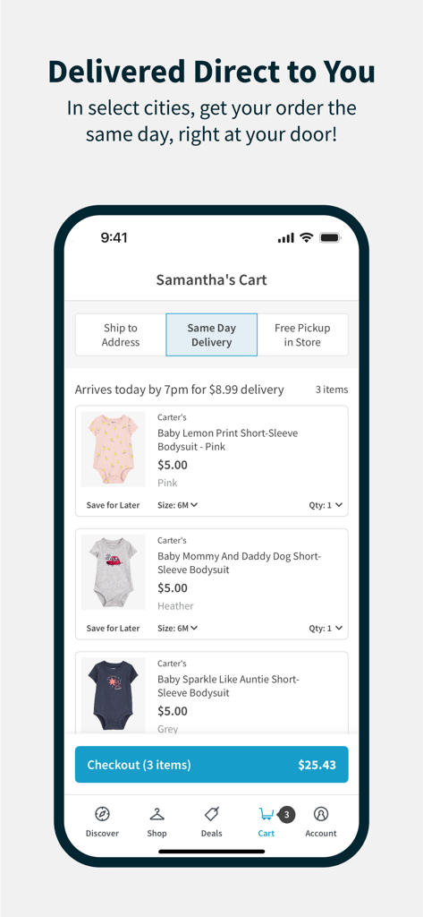 Carter's - ベビーボディスーツの同日配送オプションを示すカーターズアプリのチェックアウト画面