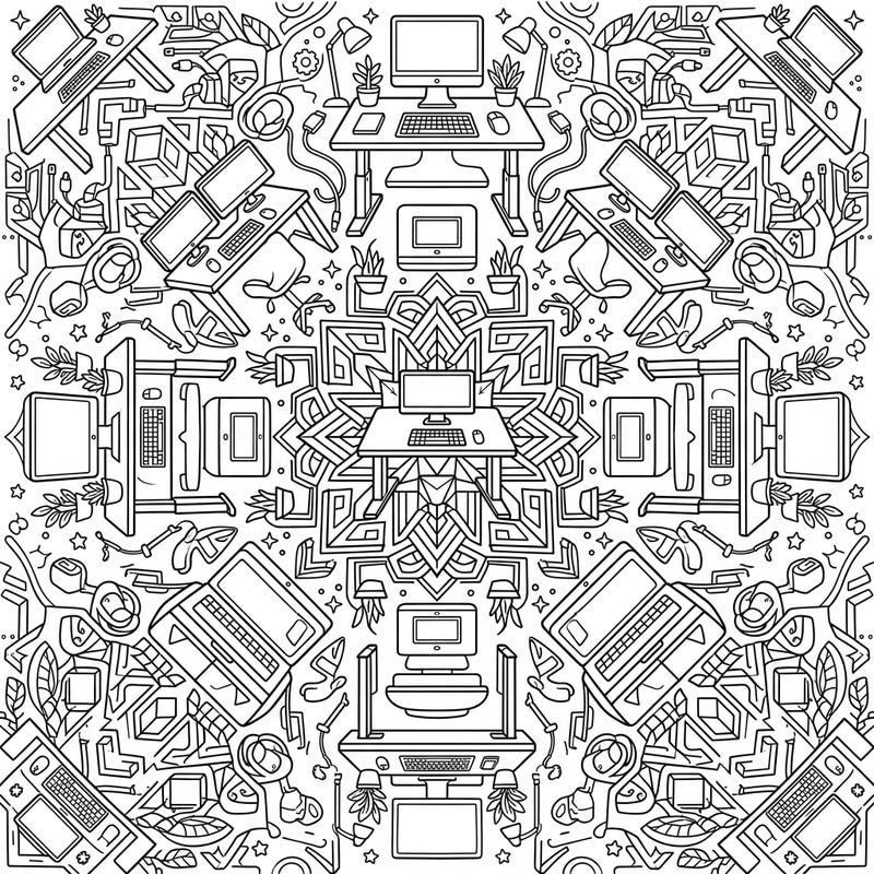 Explore a truly unique coloring experience with this intricate Standing Desk Mandala. This page combines modern office aesthetics with the calming symmetry of a mandala, offering a delightful challenge for all skill levels.