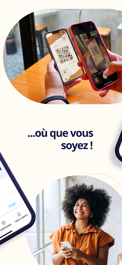 HelloAsso - People scanning a QR code and a woman using the HelloAsso app on her phone