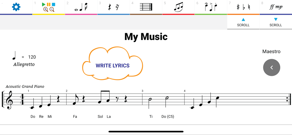 Interface de l'application Maestro Music Composer montrant la notation de partitions pour piano avec des paroles et des outils d'édition