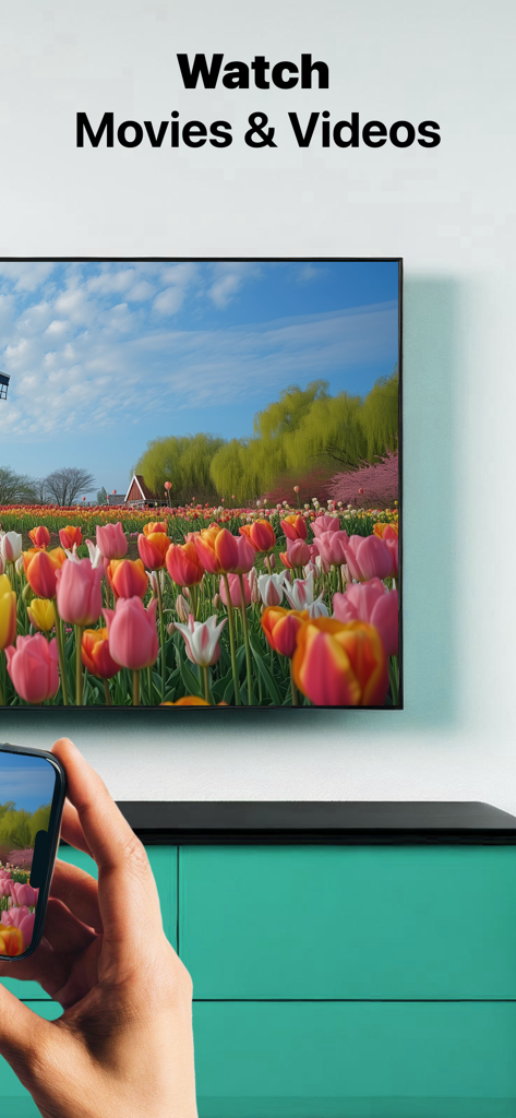 Person mirroring a colorful video from an iPhone to an LG Smart TV