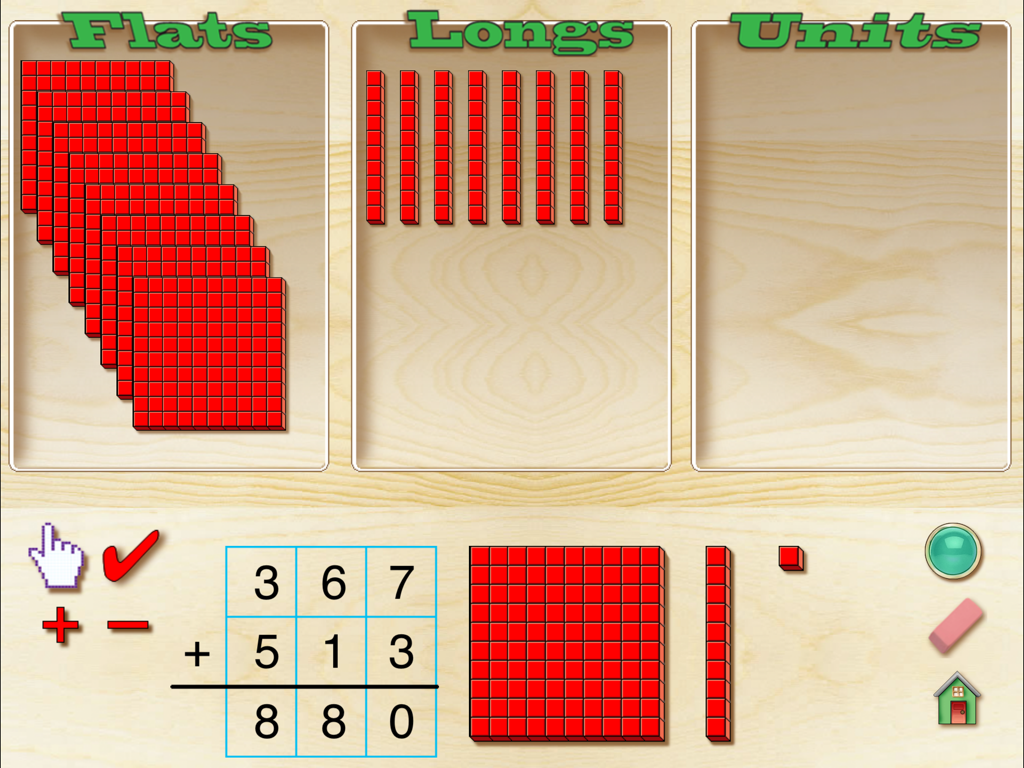 Base Ten Blocks ES - Interfaz de aplicación educativa de iPad que muestra bloques de base diez virtuales utilizados para resolver un problema de suma con reagrupación.