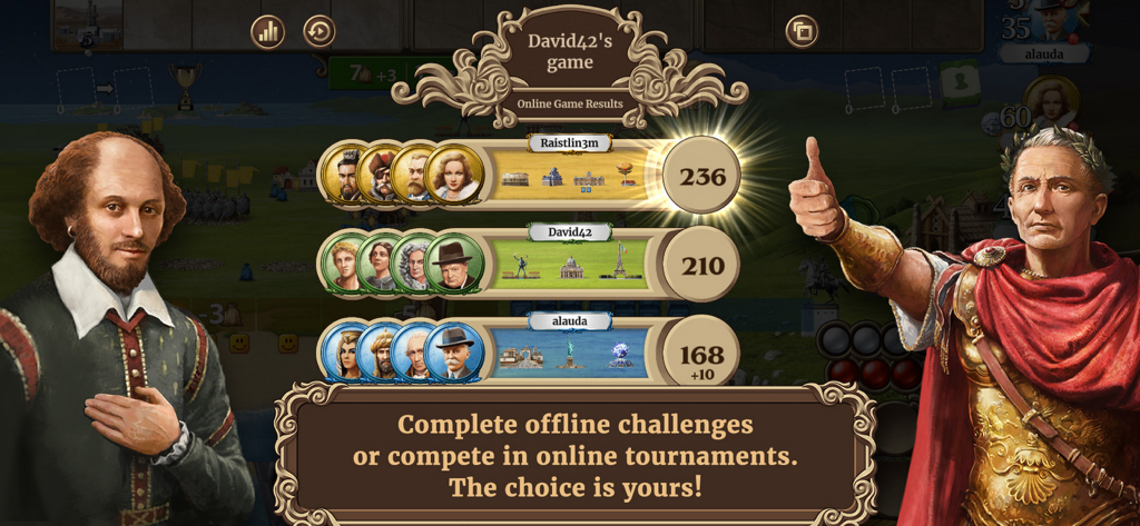 Through the Ages - Una pantalla de resultados de juego en Through the Ages mostrando las puntuaciones finales para Raistlin3m, David42 y alauda con iconos de Shakespeare y Julio César.