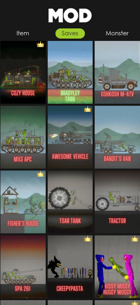 Mods For Playground Ragdoll 3D - A collection of mod saves for Melon Playground featuring tanks military vehicles and characters