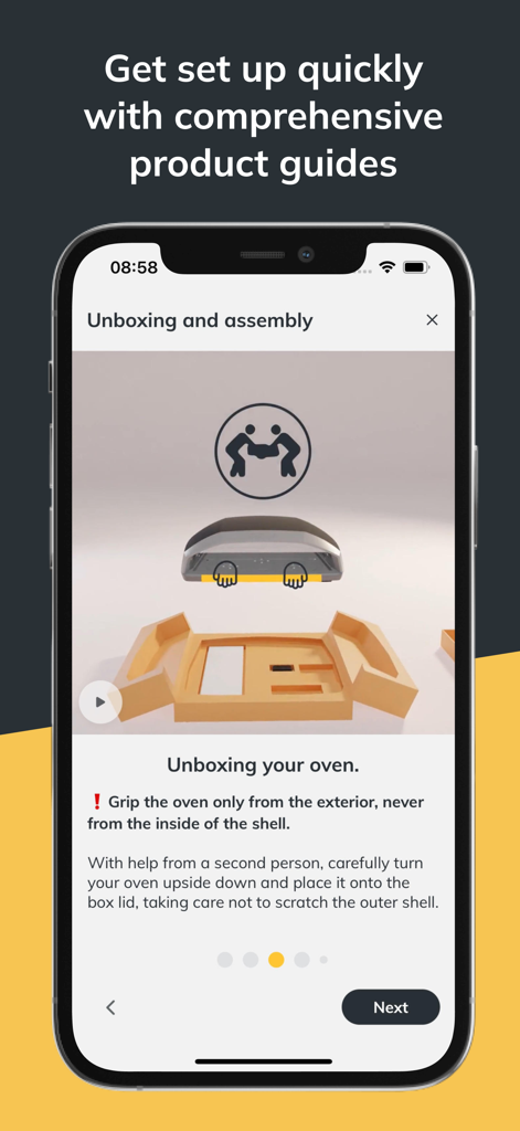 Ooni Pizza Ovens - Ooni app screen with step-by-step unboxing and assembly instructions for a pizza oven