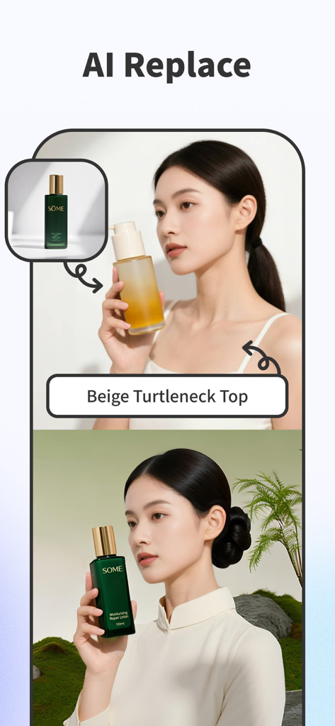 AI Background - Pokecut Studio - AI Replace feature demonstrating clothing and product modification on a model