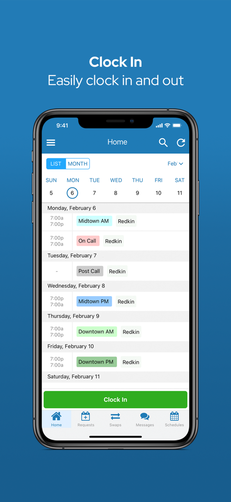 A mobile screen showing the QGenda app home page with a shift schedule and a green clock in button for healthcare professionals