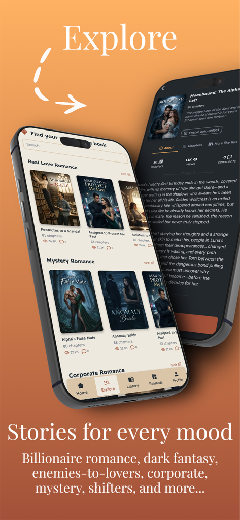 Great Novels - Great Novels mobile app showing diverse romance book categories and a story details page.