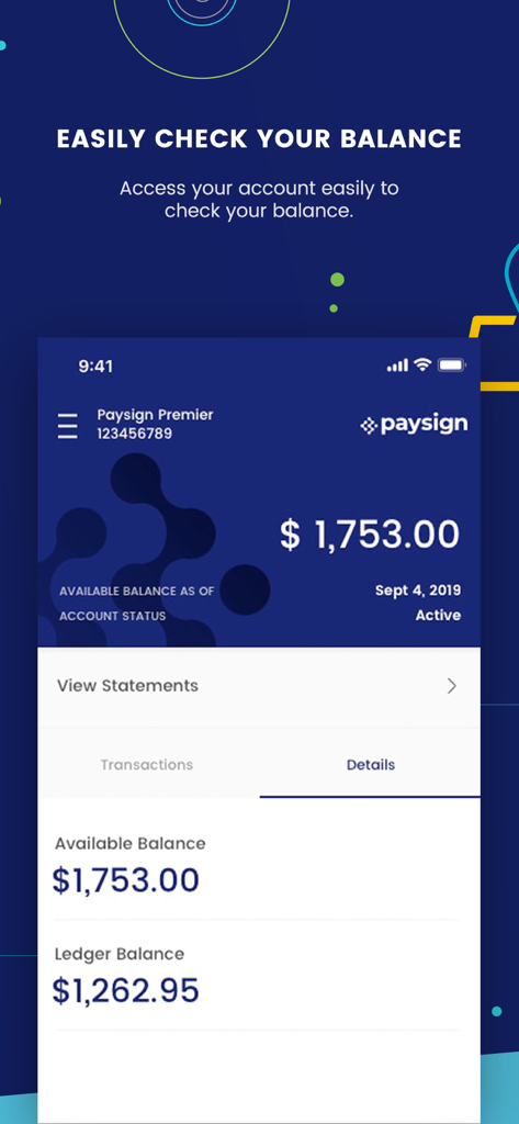 Paysign mobile app interface showing available account balance and ledger details