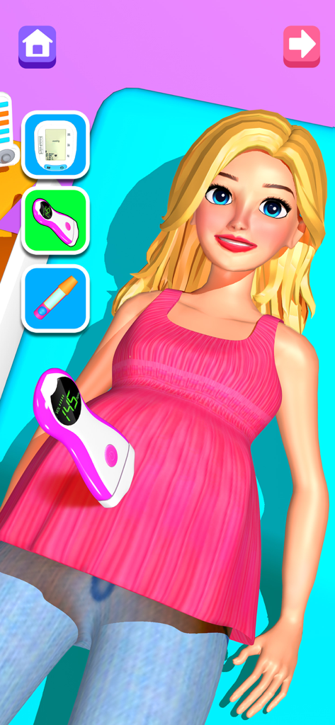 Un jeu de simulation en 3D montrant un personnage enceinte recevant un contrôle prénatal avec des outils médicaux