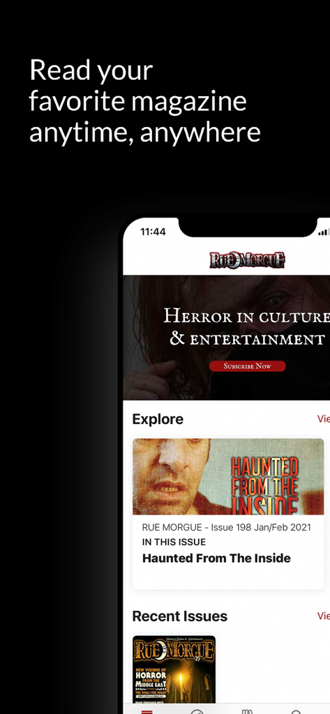 Interface du magazine numérique d'horreur Rue Morgue affichant des articles et des options d'abonnement sur un écran mobile