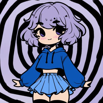 cute femboy with short, fluffy hair that softly frames their face, wearing a cropped hoodie, paired with a flouncy short skirt, and thigh-high stockings