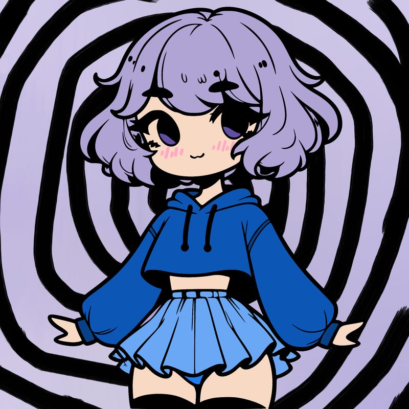 cute femboy with short, fluffy hair that softly frames their face, wearing a cropped hoodie, paired with a flouncy short skirt, and thigh-high stockings