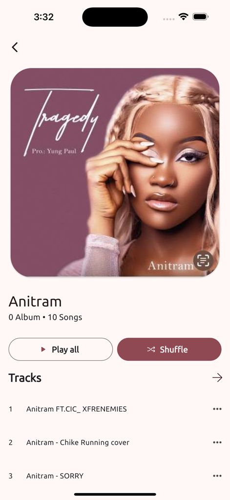 Plus Liberia - Plus Liberia music app showing Anitram artist profile with song tracks