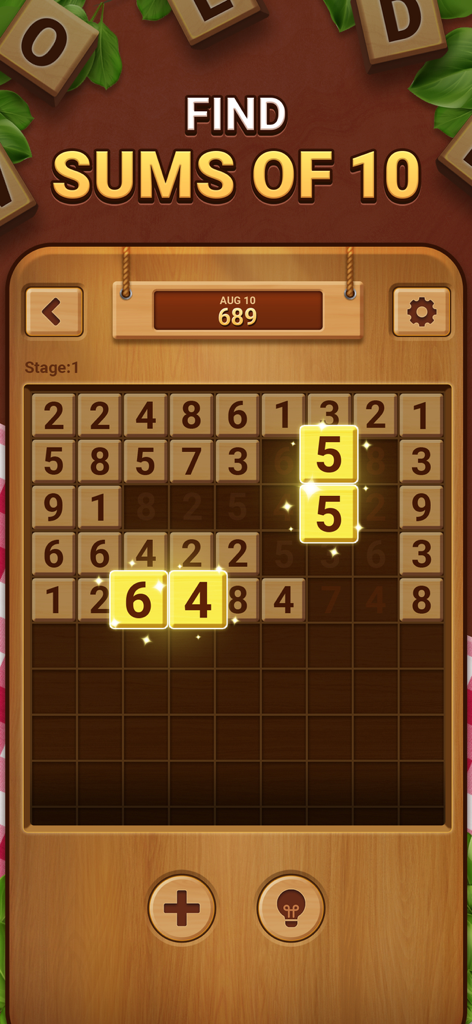 Woodber - Classic Number Game - Schermata del gioco Woodber che mostra coppie di numeri su una griglia di legno che sommano a dieci.