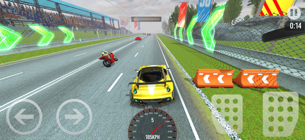 Car vs Bike Racing - Race Game - Yellow sports car and red motorcycle racing on a professional track
