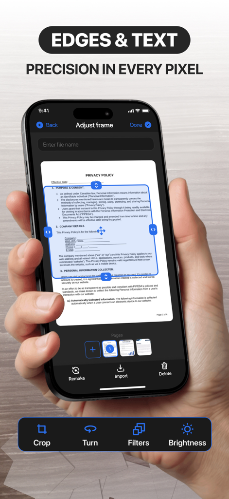 Cam Scanner: Smart Scan to PDF - Cam Scanner app interface showing precision frame adjustment for a scanned document.