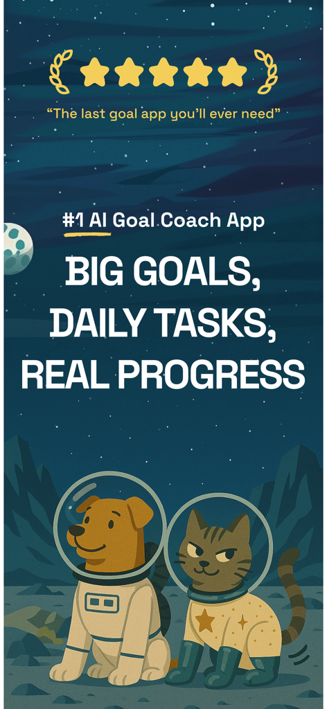 Goodtails: Dog Training & Care - Goodtails AI goal coach app screen featuring a dog and cat in astronaut suits on the moon