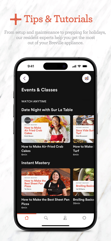 Breville+ Cooking - Breville plus Cooking app interface featuring cooking classes and tutorials for home chefs