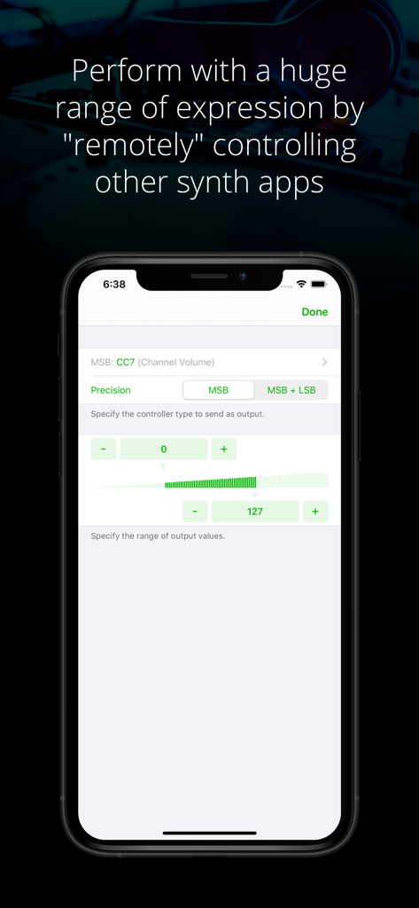 Interfaccia dell'app Midiflow Motion per la configurazione dei parametri di controllo MIDI come il volume del canale e la precisione.