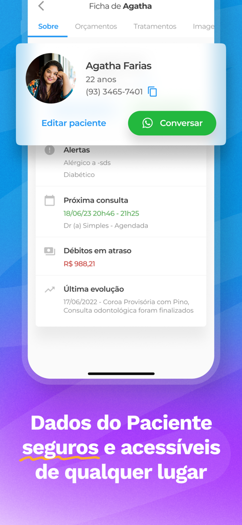 Simples Dental - Agenda Odonto - Pantalla de perfil de paciente en la aplicación Simples Dental mostrando alertas médicas, citas e información de facturación.