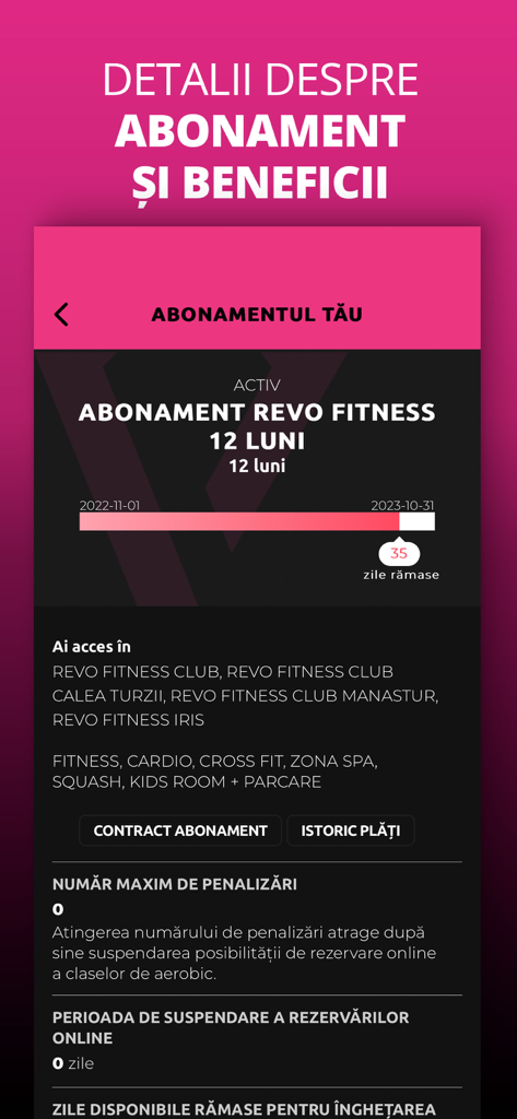 REVO Fitness Club - REVO Fitness Club app screen displaying subscription details and membership benefits