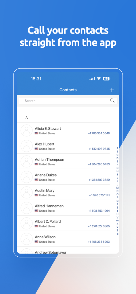 Pantalla de lista de contactos de la aplicación My Tello para llamar y gestionar los contactos telefónicos