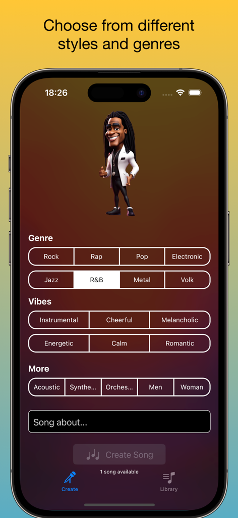 Pantalla de la aplicación djAI que muestra opciones de ambientes de género musical y estilos de voz para crear canciones con IA