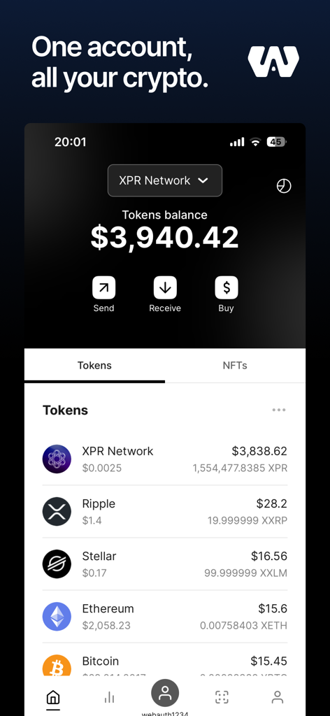 WebAuth app dashboard displaying a multi-chain crypto portfolio balance and token list including Bitcoin and Ethereum