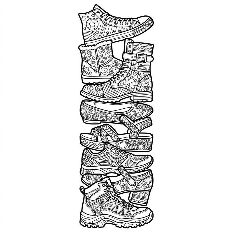 Discover a stylish collection of intricately designed footwear, perfectly arranged as a bookmark. This adult coloring page offers a unique and relaxing way to personalize your reading adventures.