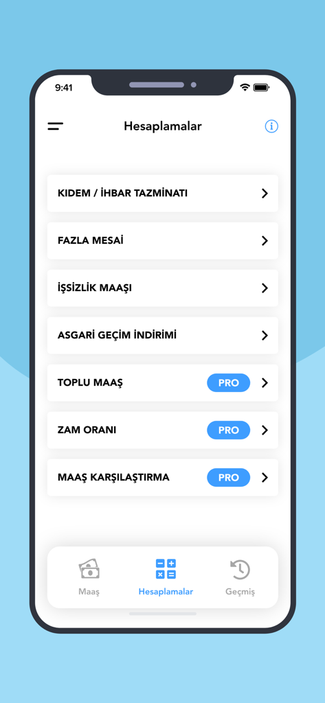 Salary calculation options menu in Maaş Hesaplama Pro app