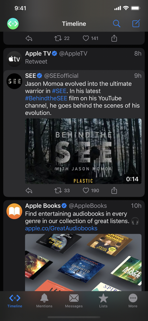 Screenshot of Spring for Twitter app timeline in dark mode showing a clean chronological feed on an iPhone.