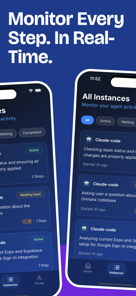 Mobile Oberfläche des Omnara KI-Leitstelle zeigt eine Liste aktiver und wartender KI-Agenteninstanzen zur Echtzeitüberwachung.