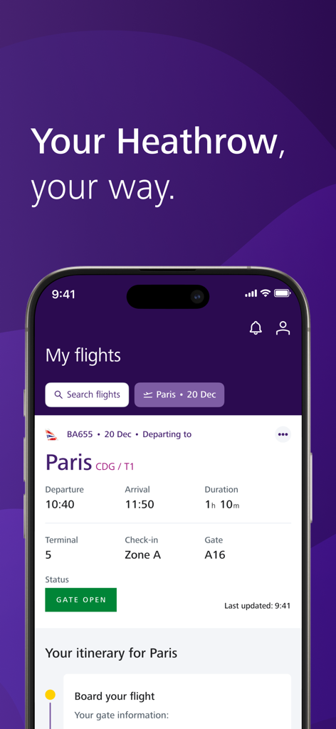 Heathrow 공항 앱이 파리로 가는 실시간 항공편 상태를 터미널 및 탑승구 정보와 함께 iPhone에 표시