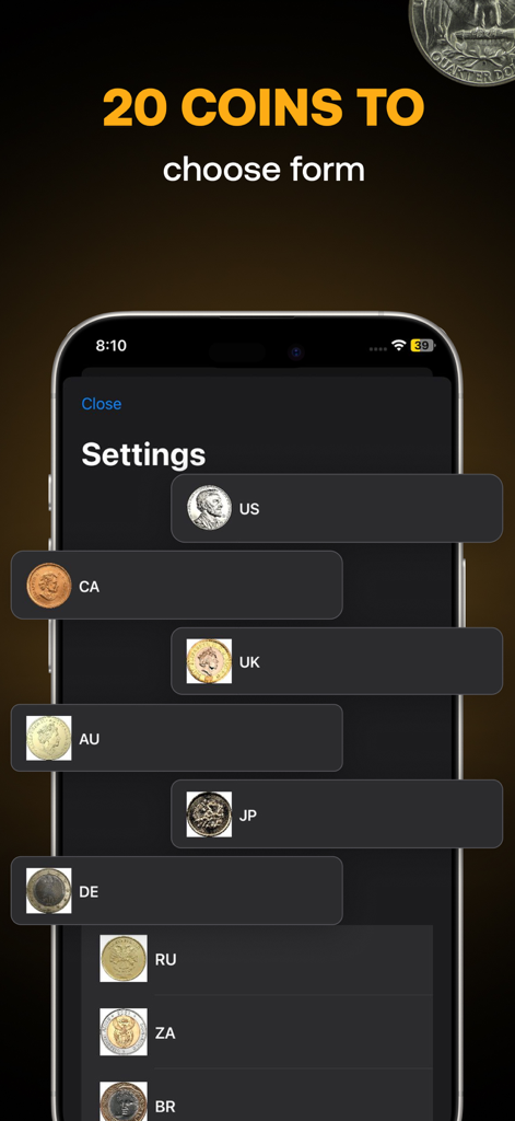 Flip a Coin - Heads or Tails - A list of international coin options including US UK and CA available in the Flip a Coin app settings.