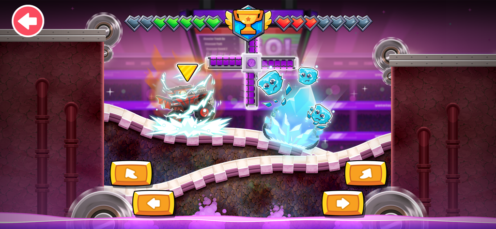 Monster Truck Games kids - Monstertruck mit Blitzeffekten rast an Eisblock-Charakteren vorbei in einer farbenfrohen Arena mit großen Tastensteuerungen