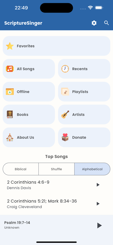 Scripture Singer - Scripture Singer app home screen showing song categories and a list of biblical verses.