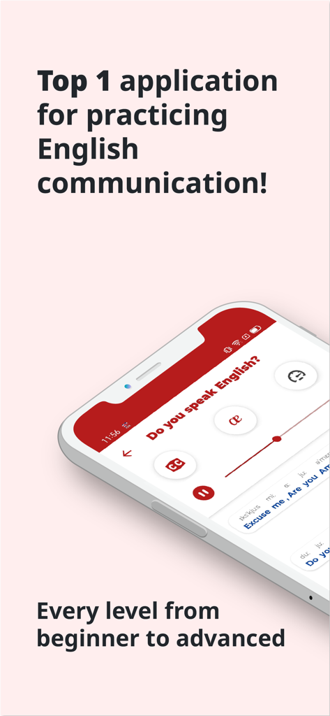 English ー Listening・Speaking - Smartphone mostrando la interfaz de la aplicación de inglés para escuchar y hablar, destacando su primer puesto para practicar la comunicación desde niveles principiante hasta avanzado.