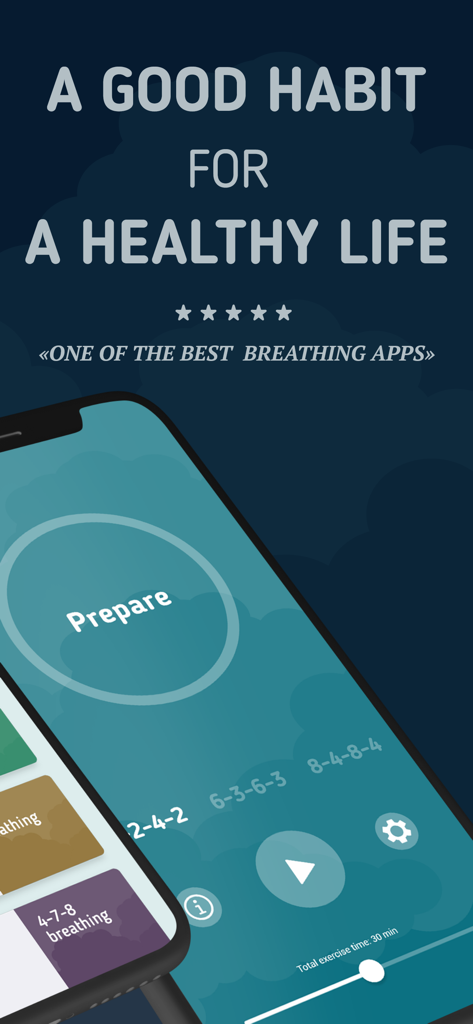 Breah breathing app interface showing a preparation circle and custom breathing patterns with a healthy life headline
